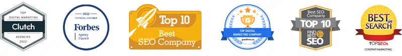 Pagelift awards: Clutch Top Digital Marketing Agencies, Forbes Agency Council, Top 10 Best SEO Company, GoodFirms Top Digital Marketing Company, FindBestSEO Top 10, and TopSEOs Best in Search